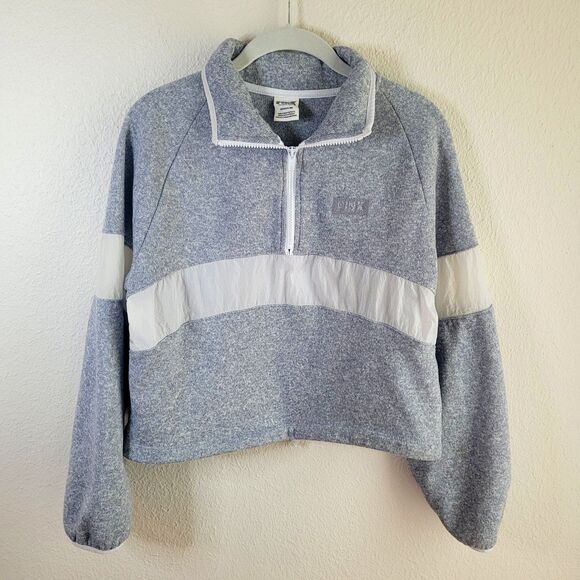 Victorias Secret Pink Sweater Small Knit Crop Gray 1/2 Zip Cinch Waist - Picture 1 of 15